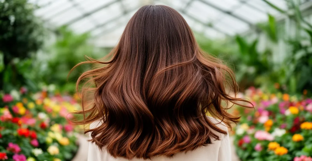 Cheveux bruns sains et brillants en lumière naturelle montrant texture capillaire équilibrée