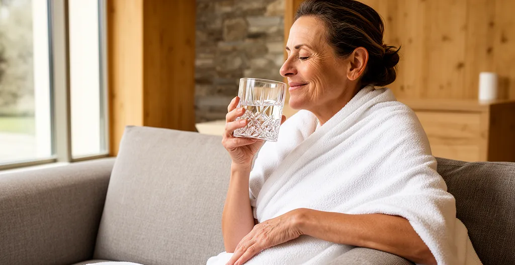 Femme buvant un verre d'eau après une séance de bien-être, serviette sur les épaules