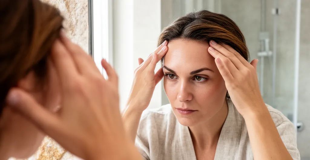 Femme inspectant son cuir chevelu devant un miroir de salle de bain, geste naturel d'observation capillaire