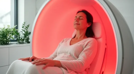 Femme détendue dans un dôme sauna infrarouge lors d'une séance bien-être en institut
