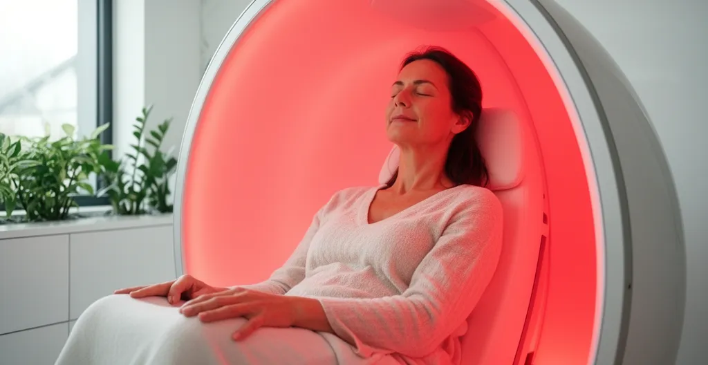 Femme détendue dans un dôme sauna infrarouge lors d'une séance bien-être en institut