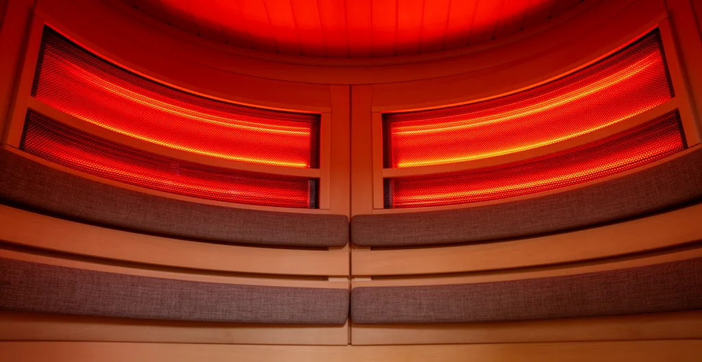 Intérieur d'un dôme sauna infrarouge montrant les panneaux chauffants et la surface confortable