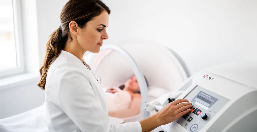 Praticienne ajustant les réglages d'un dôme infrarouge pour une cliente en spa