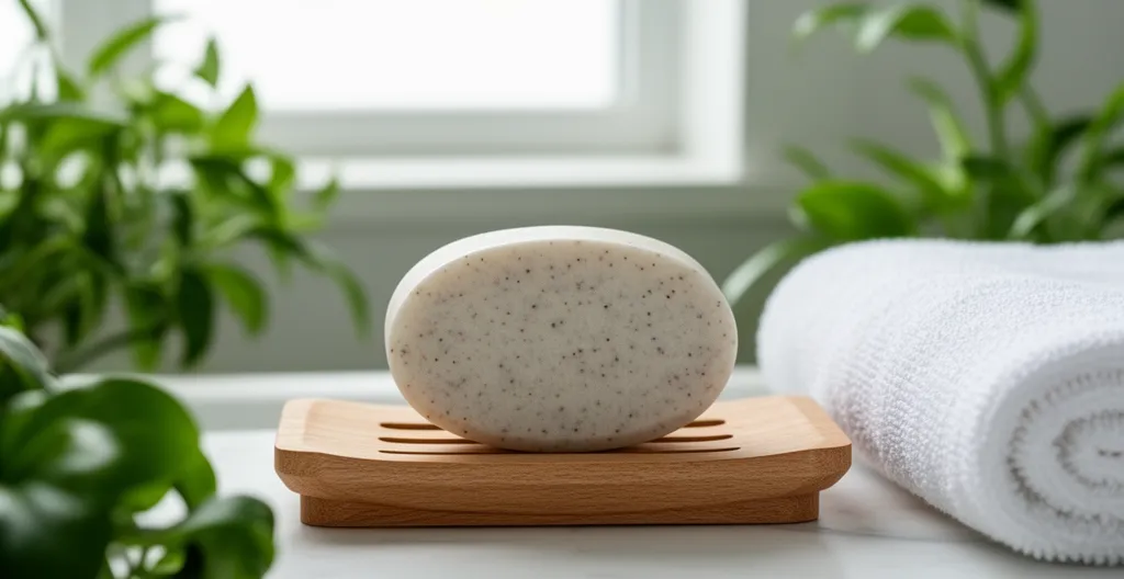 Galet de shampoing solide antipelliculaire sur support bois dans salle de bain lumineuse avec plantes vertes